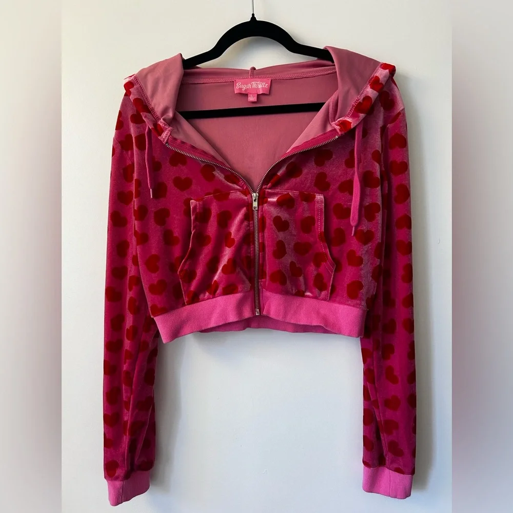 JENNIFER’S BODY Velour Pink Heart Cropped Zip Up Sweatshirt - Picture 1 of 6